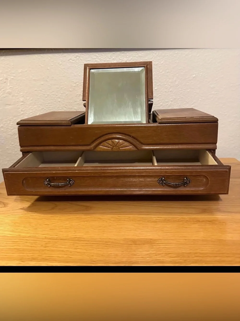 Vintage Wood Jewelry Organizer Tray with Fold-Up Mirror - Brown